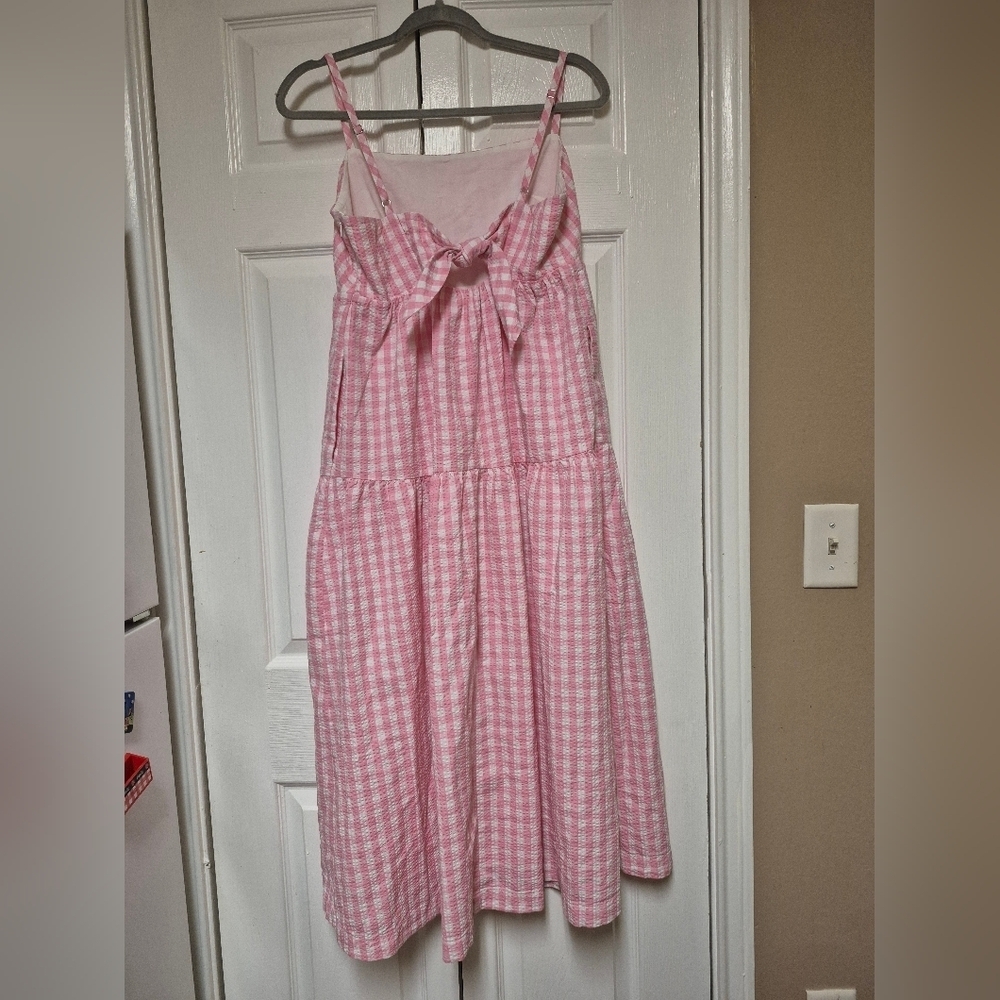 J.Crew Pink Gingham Tie back Sleeveless Midi Dress with Tiered Skirt Size 8 - Picture 4 of 5